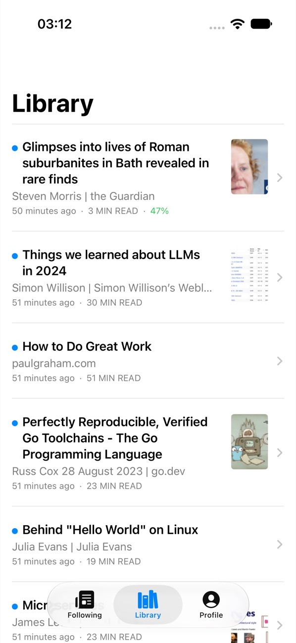 A real screenshot of Readstow on iPhone: the Library tab with saved articles, one of them 47 percent read.